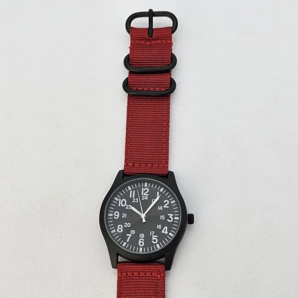 Men's Field Military Watch 42MM Black‎ Case Black Dial Red Canvas Band Straps